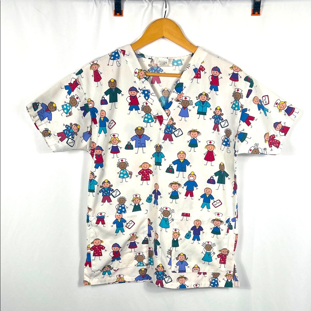 VINTAGE 90’s MEDLINE Women’s XS Playful Character Print Scrub‎ Top Short Sleeve